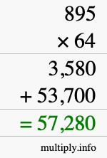 How to calculate 895 times 64 using long multiplication