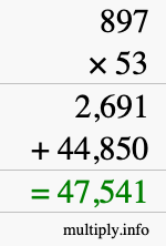 How to calculate 897 times 53 using long multiplication