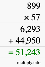 How to calculate 899 times 57 using long multiplication