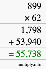 How to calculate 899 times 62 using long multiplication