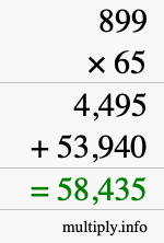 How to calculate 899 times 65 using long multiplication