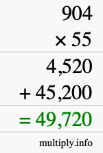 How to calculate 904 times 55 using long multiplication