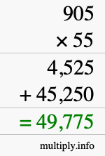 How to calculate 905 times 55 using long multiplication