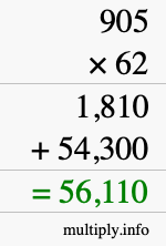 How to calculate 905 times 62 using long multiplication