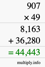 How to calculate 907 times 49 using long multiplication