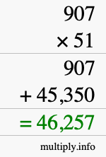 How to calculate 907 times 51 using long multiplication