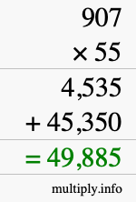 How to calculate 907 times 55 using long multiplication
