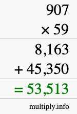 How to calculate 907 times 59 using long multiplication