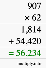 How to calculate 907 times 62 using long multiplication