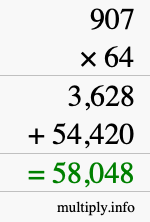 How to calculate 907 times 64 using long multiplication