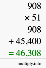 How to calculate 908 times 51 using long multiplication
