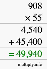 How to calculate 908 times 55 using long multiplication