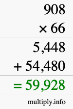 How to calculate 908 times 66 using long multiplication