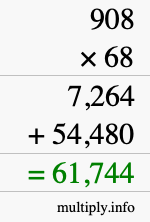 How to calculate 908 times 68 using long multiplication