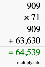 How to calculate 909 times 71 using long multiplication