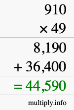 How to calculate 910 times 49 using long multiplication