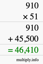 How to calculate 910 times 51 using long multiplication