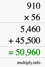 How to calculate 910 times 56 using long multiplication