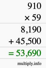 How to calculate 910 times 59 using long multiplication