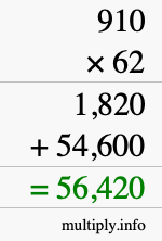 How to calculate 910 times 62 using long multiplication