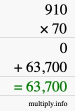 How to calculate 910 times 70 using long multiplication