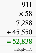 How to calculate 911 times 58 using long multiplication