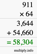 How to calculate 911 times 64 using long multiplication