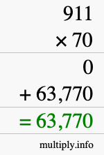 How to calculate 911 times 70 using long multiplication