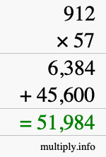 How to calculate 912 times 57 using long multiplication