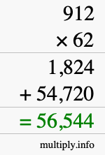 How to calculate 912 times 62 using long multiplication