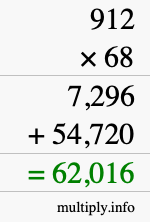 How to calculate 912 times 68 using long multiplication