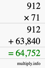 How to calculate 912 times 71 using long multiplication