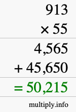 How to calculate 913 times 55 using long multiplication