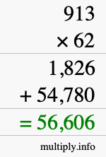 How to calculate 913 times 62 using long multiplication