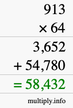 How to calculate 913 times 64 using long multiplication