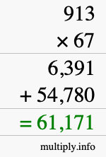 How to calculate 913 times 67 using long multiplication