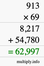 How to calculate 913 times 69 using long multiplication