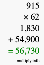 How to calculate 915 times 62 using long multiplication