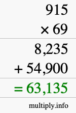 How to calculate 915 times 69 using long multiplication