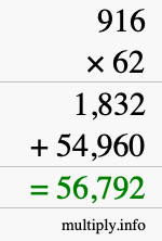 How to calculate 916 times 62 using long multiplication