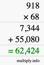 How to calculate 918 times 68 using long multiplication