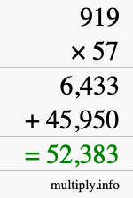 How to calculate 919 times 57 using long multiplication