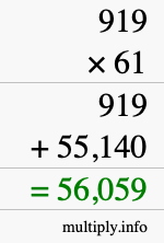How to calculate 919 times 61 using long multiplication