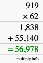 How to calculate 919 times 62 using long multiplication