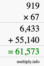 How to calculate 919 times 67 using long multiplication