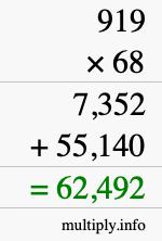 How to calculate 919 times 68 using long multiplication