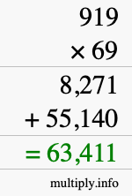 How to calculate 919 times 69 using long multiplication