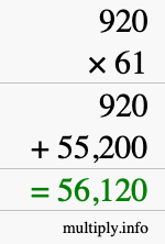How to calculate 920 times 61 using long multiplication