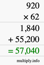 How to calculate 920 times 62 using long multiplication