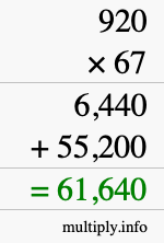 How to calculate 920 times 67 using long multiplication